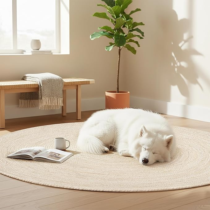 Hausattire Jute Braided Rug, 5’ Round – Off White, Reversible Boho Entry Area Rugs for Kitchen, Living Room, Bedroom I Farmhouse Hand Woven Decorative Floor Carpet Mat, 5 Feet Round