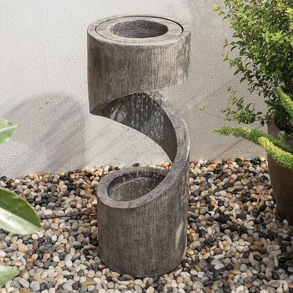 Glitzhome Tiered Outdoor Water Fountain with LED Light, Curved Outdoor Fountain Waterfall with Stone Planter, Freestanding Spiral Outdoor Garden Water Fountains, 31.3”H