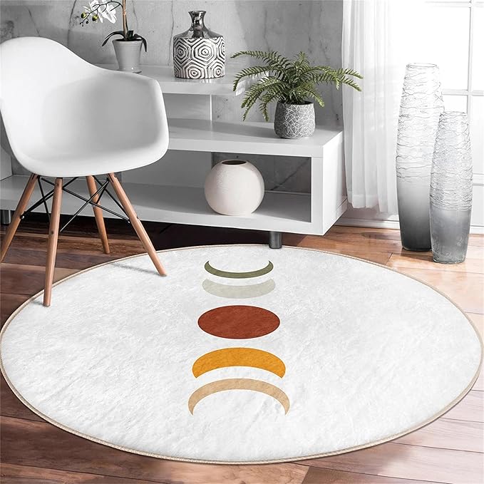 Round Area Rug, 6ft, White Round Rug, Living Room Moon Decorative Rug, Soft Non-Slip Washable Rug, Suitable for Living Room, Bedroom, Bedside Sofa and Children's Room