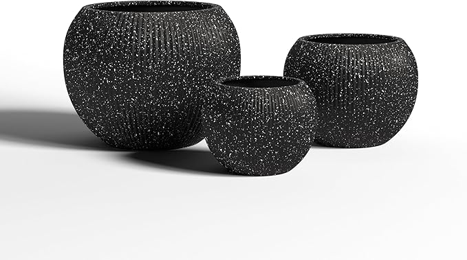 DTY Signature Mount Sherman Modern Indoor Outdoor Fiberstone Sphere Planter, Durable Round Garden Pot, Weather Resistant, Drainage Hole & Rubber Plug (Ribbed Black, Small)
