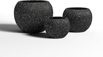 DTY Signature Mount Sherman Modern Indoor Outdoor Fiberstone Sphere Planter, Durable Round Garden Pot, Weather Resistant, Drainage Hole & Rubber Plug (Ribbed Black, Small)