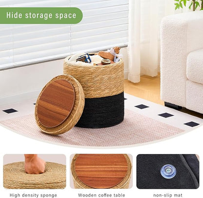 Wimarsbon Round Pouf Ottomans, Handwoven Natural Water Hyacinth Seagrass Pouffe,Outdoor Rattan Stool Accent Seat, Bohemian Coastal Home Decor (Storage -14inch Natural Cattail & Black Corn Shell)