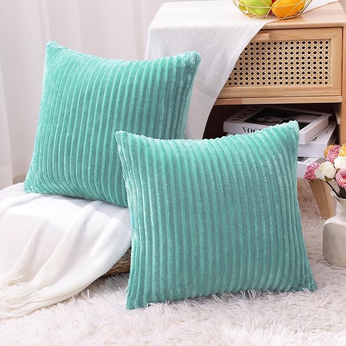 Simmore Decorative Fall Throw Pillow Covers 12x20 Set of 2, Soft Plush Flannel Double-Sided Fluffy Lumbar Pillow Covers for Couch Sofa Living Room, Aqua Haze