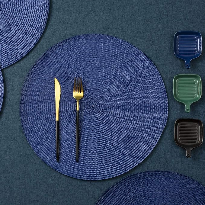 AHHFSMEI Round Braided Placemats 15 Inch Round Table Mats for Dining Tables Natural Woven Heat Resistant Place mats Set of 4 (Navy Blue,4)