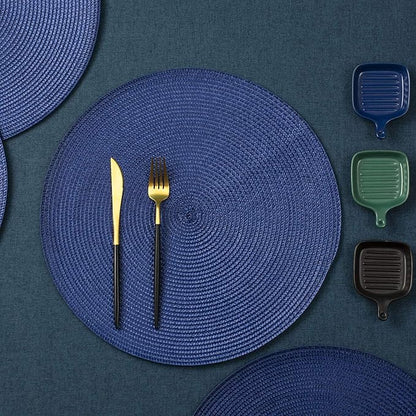 AHHFSMEI Round Braided Placemats 15 Inch Round Table Mats for Dining Tables Natural Woven Heat Resistant Place mats Set of 8 (Navy Blue,8)