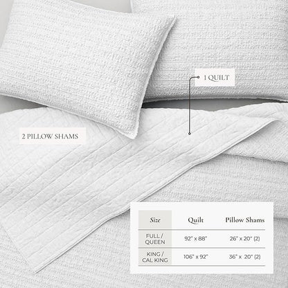 Great Bay Home Full/Queen Size White 100% Cotton Honeycomb Waffle Quilt and Sham Set - Garment Washed, Waffle Weave Like Texture, Lightweight 3-Piece Bedding Set