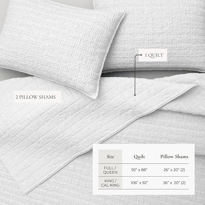 Great Bay Home King Size White 100% Cotton Honeycomb Waffle Quilt and Sham Set - Garment Washed, Waffle Weave Like Texture, Lightweight 3-Piece Bedding Set