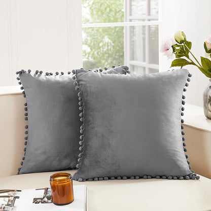 Deconovo Velvet Throw Pillow Covers, Set of 2, Decorative Pom-poms Soft with Invisible Zipper Cover for Sofa,Netural Grey,20x20 Inch