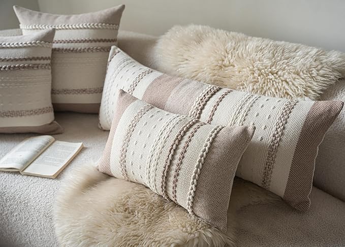 Boho Lumbar Pillow Covers 14x36 Inch Long, Khaki Textured Decorative Couch Pillow Cases for Farmhouse Home Decor, Accent Cushion Cover for Sofa, Bed, Living Room, Bedroom, Pack of 1