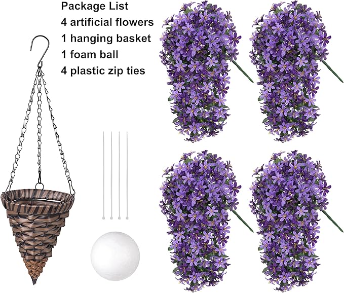 Artificial Faux Hanging Outdoor Plants Flowers Basket for Spring Decoration, Fake Silk Realistic UV Resistant Long Vines Planter for Outside Home Porch Patio (Purple & Light Purple)