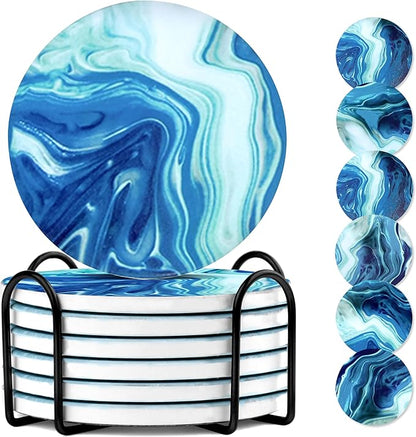 Ceramic Marble Coasters, 6 Sets of Round Tea Coasters with Holder on Dark Blue White, Durable Cup Coaster for Coffee for Table Protection, Beer Coasters set for Kinds of Mugs and Cups(4 Inches)