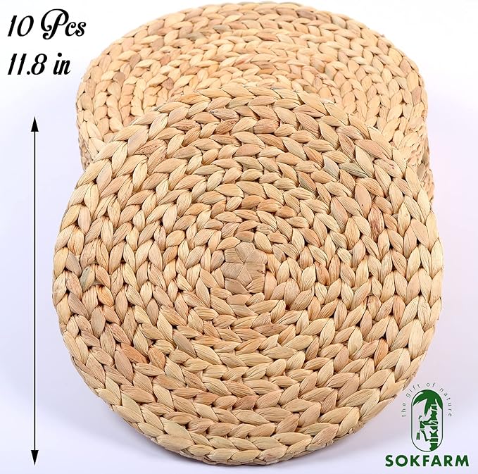 Woven Placemats Set of 10, Table Mats Set of 10, Water Hyacinth Round Placemats for Round Table, Chargers for Dinner Plates, Wicker Chargers for Dinner Plates, Woven Placemat, Place Mats 11.8 in
