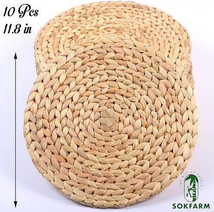 Woven Placemats Set of 10, Table Mats Set of 10, Water Hyacinth Round Placemats for Round Table, Chargers for Dinner Plates, Wicker Chargers for Dinner Plates, Woven Placemat, Place Mats 11.8 in