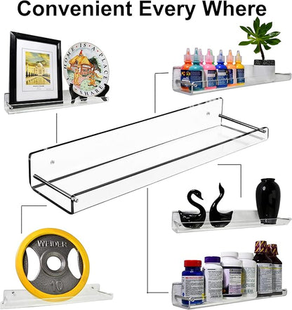 AMT 4 Pack Acrylic Floating Shelves, 15" L x 4" W, Clear Bathroom Wall Shelf, Bookshelves, Invisible Display for Office, Bedroom, Small Gap Allows Water to Escape, Free Screws & Drill Bit