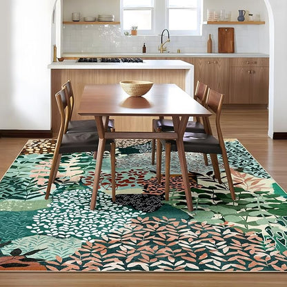 DEXDE 5x7 Area Rugs, Washable Non-Slip Abstract Boho Soft Rug for Living Room Bedroom,Leaves Floral Print Large Carpet for Entryway Playroom Office, Dark Green
