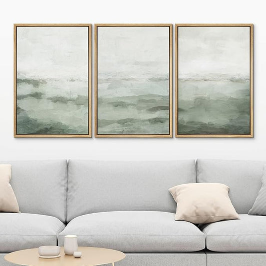 MUDECOR Framed Canvas Print Wall Art Sage Green Abstract Prints Minimalist Modern Wall Art Decor for Bedroom - 16"x24"x3 Natural