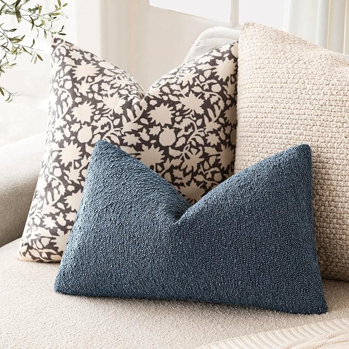 Foindtower Decorative Textured Boucle Throw Pillow Covers Accent Solid Lumbar Pillow Cases Soft Cozy Couch Cushion Case for Chair Sofa Bedroom Living Room Home Decor 12x20 Inch,1PC,Dark Blue