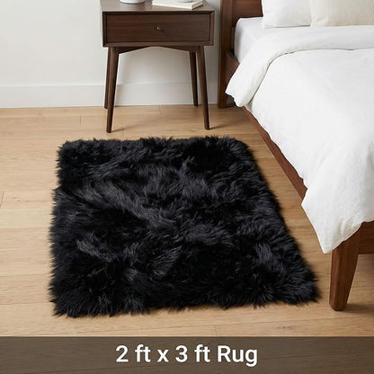 Super Area Rugs Ultra Soft & Fluffy Faux Sheepskin Rug, Black 2 x 3 Feet Carpet for Bedroom Living Room
