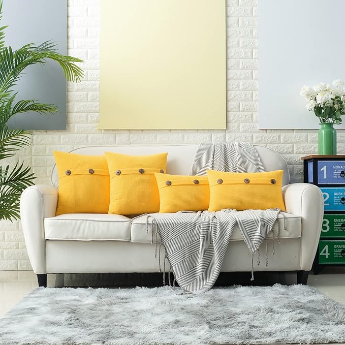 HWY 50 Yellow Chenille Throw Pillow Covers 12x20 Inch with Triple Buttons, Soft Farmhouse Accent Decorative Cushion Cases for Couch Sofa Living Room Pack of 2 Rectangle