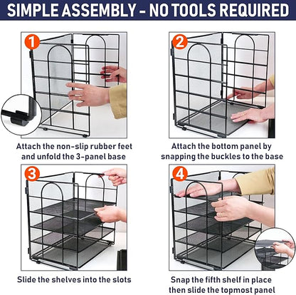 Desk Organizer Tray, Letter Tray in Black Metal Mesh for Organizing Files, Papers, Bills, Folders, Letters, and Binders. Desktop Paper Rack for Home, Office, or School (5 Tier - New)