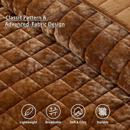 LEAONME Velvet Quilt King Size-98''x106'', Lightweight Caramel Velvet Comforter Set with 2 Pillow Shams, Soft Bedspread Coverlet Quilted Bedding Set for All Season