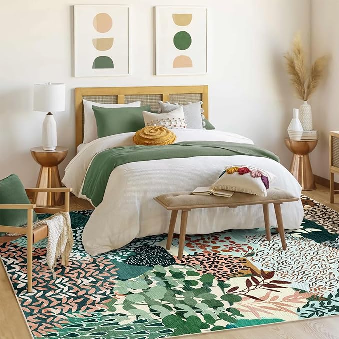 DEXDE 8x10 Area Rug, Soft Washable Abstract Area Rugs Non-Slip Vintage Boho Rug Leaves Floral Print Carpet for Living Room Bedroom Office Dining Room Playroom, Dark Green
