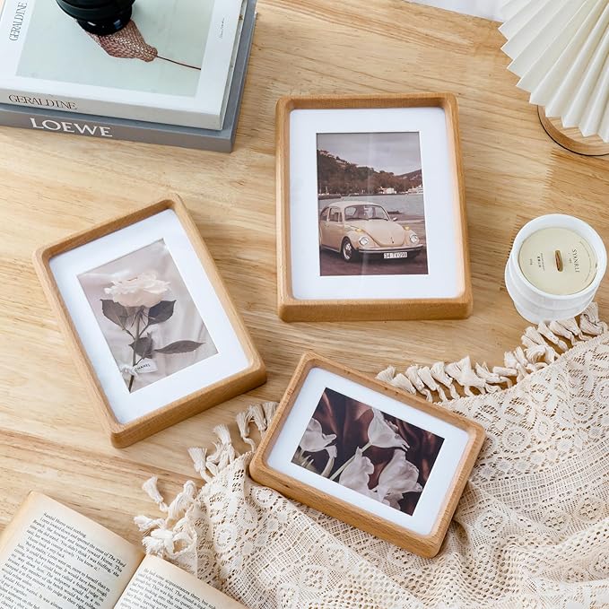 TEYCLZORE 6x8 Natural Wood Picture Frame, Handmade Beech Wood Photo Frame, Display 4x6 Picture with Mat or 6x8 Without Mat, Tabletop Display and Wall Hanging