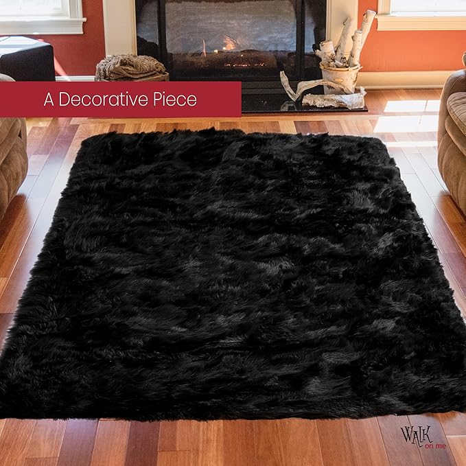 Silky Soft Faux Fur Rug, Sheepskin Area Rug, Shaggy Rug for Living Room, Bedroom, Kid's Room, or Nursery, Home Décor Accent, Machine Washable with Non-Slip Backing (Black, Rectangle (4'x6'))