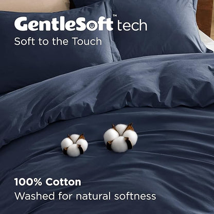 Bedsure 100% Washed Cotton Duvet Cover Queen Size - Navy Minimalist Cotton Duvet Cover Linen Like for All Seasons - GentleSoft™ Plain Simple Bedding (Navy, Queen, 90"x90")