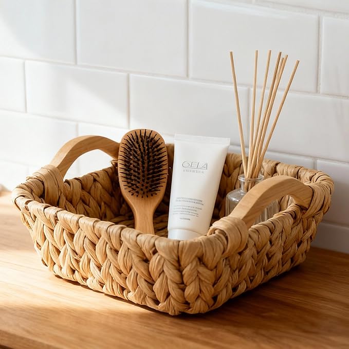 Square Water Hyacinth Basket with Wooden Handles, Small Woven Storage Organizer for shelf