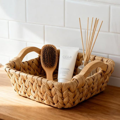 Square Water Hyacinth Basket with Wooden Handles, Small Woven Storage Organizer for shelf