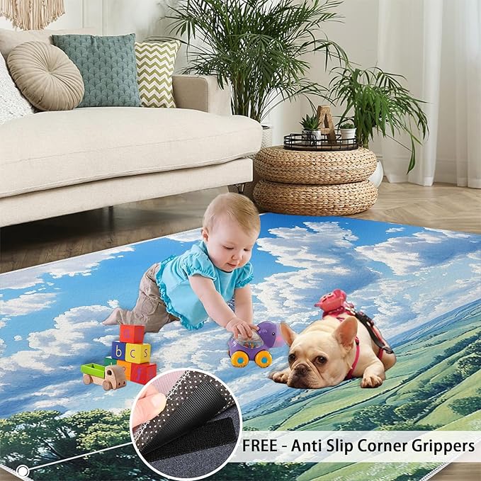 Sky and Clouds 3x4 Area Rugs for Living Room -Grassland and Pasture Washable Rug Rural Landscape Non-Slip Carpet Indoor Floor Stain Resistant Thin Carpets for Bedroom Dining Room Home Office