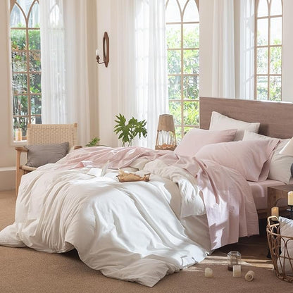 MooMee Bedding Sheet Set 100% Cotton Like Textured Breathable Durable Soft Comfy (Heathered Greyish Pink, Queen)