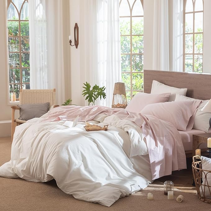 MooMee Bedding Sheet Set 100% Washed Cotton Linen Like Textured Breathable Durable Soft Comfy (Heathered Greyish Pink, King)