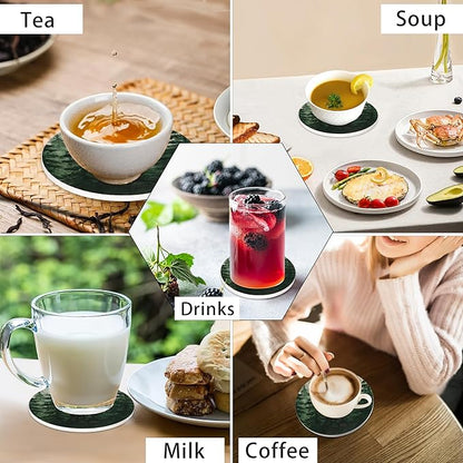 6 Pcs Drink Coasters with Holder, Watercolor Landscape Pine Forest Absorbent Round Ceramic Coaster for Tabletop Protection,for Coffee Cup Beverage Coasters Wine Beer Bar