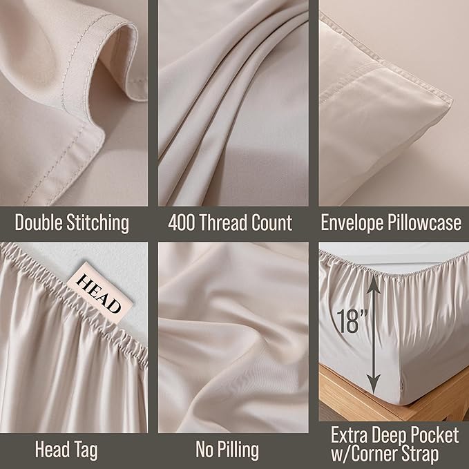 Bella Coterie 6 Piece Luxury Bamboo Viscose Queen Size Sheet Set | 100% Organically Grown | Cooling for Hot Sleepers | 18" Deep Pocket | Soft & Hypoallergenic | 4 Pillowcases [Dune]