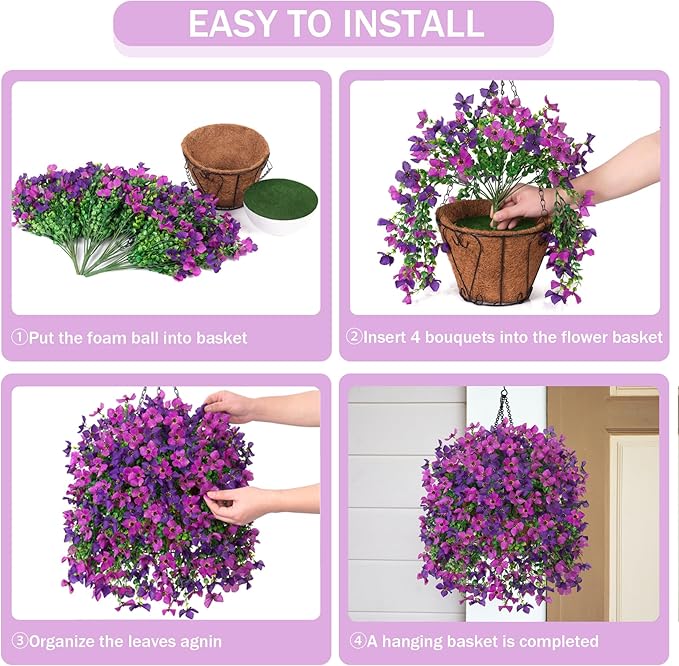 Artificial Hanging Flowers Plants with Basket for Outdoors, Realistic Faux Silk Daisy Flower Eucalyptus for Spring Decor, UV Resistant Fake Plants for Porch Patio Yard Balcony, Violet