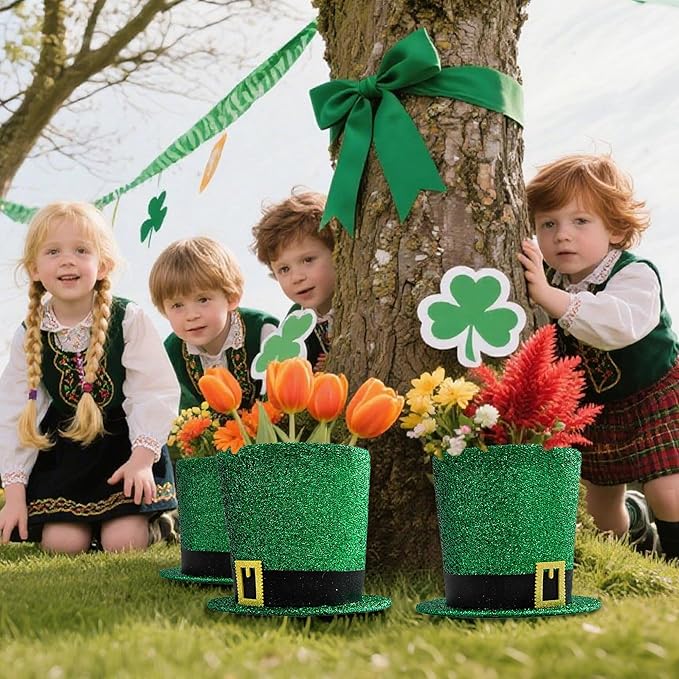 St. Patrick's Day Decorative Hat Vase, DIY Green Hat Flower Pot, St. Patrick's Day Tabletop Decoration Foldable Flower Pot Hat (Flowers Not Included)