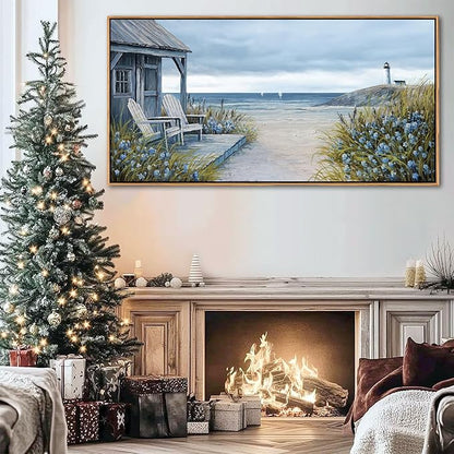 Coastal Wall Art for Living Room - Framed Vintage Wall Decor & Seascape Bedroom Beach Wall Decor | Ocean with Beach Pictures | Canvas Artwork for Home Decor Farmhouse 29×58IN