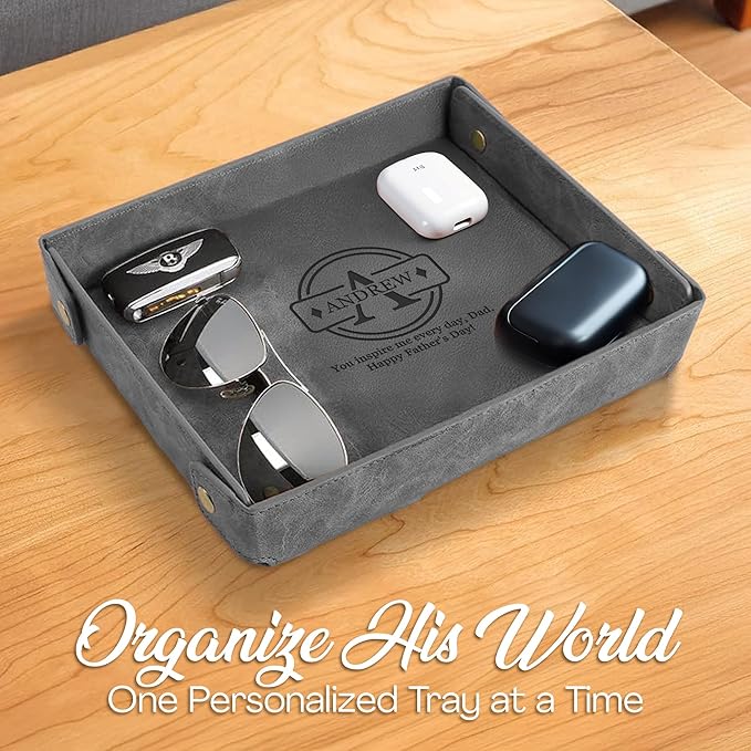 Engraved Father’s Day Leather Valet Tray – Personalized Leather Catch All with Custom Name – Men’s Valet Tray Organizer for Keys, Watches, and Jewelry – Unique Dad Gift from Daughter or Son - Grey