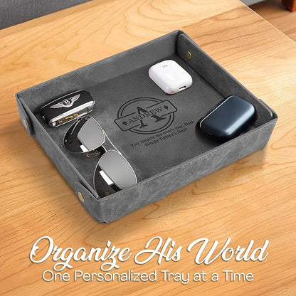 Engraved Father’s Day Leather Valet Tray – Personalized Leather Catch All with Custom Name – Men’s Valet Tray Organizer for Keys, Watches, and Jewelry – Unique Dad Gift from Daughter or Son - Grey