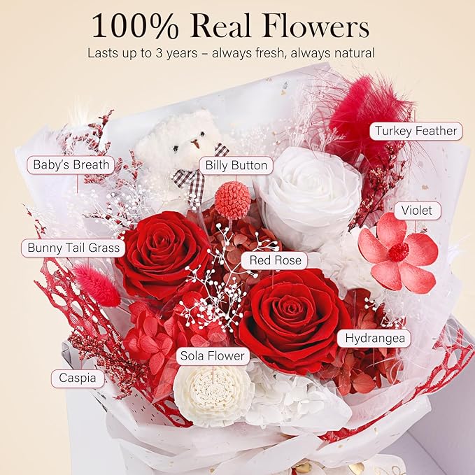 Preserved Flowers Bouquet with Bear, 3 Real Forever Flowers for Delivery, Long-Lasting Red Eteranl Roses Bouquet, Anniversary Birthday Valentine Gifts for Women Mom Her Wife Girlfriend Teenage Girls