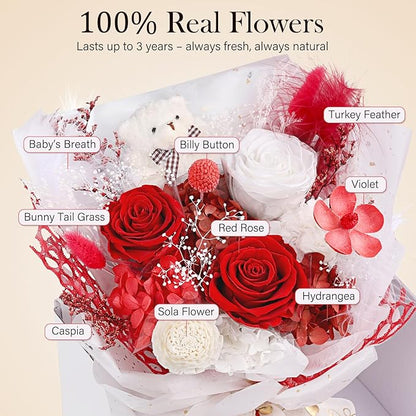 Preserved Flowers Bouquet with Bear, 3 Real Forever Flowers for Delivery, Long-Lasting Red Eteranl Roses Bouquet, Anniversary Birthday Valentine Gifts for Women Mom Her Wife Girlfriend Teenage Girls