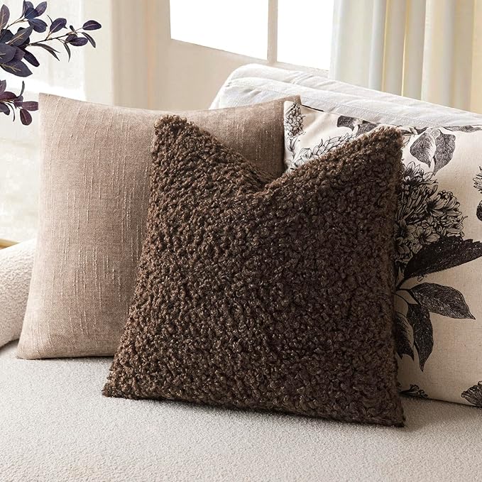 Foindtower 2 Pieces 26x26 Inch Dark Brown, Faux Fur Throw Pillow Cover Accent Sherpa Furry Pillow Covers Fuzzy Soft Pillowcases Cozy Sheepskin Decorative Fleece Cushion Case for Bed Couch Living Room
