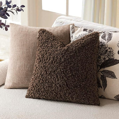 Foindtower 2 Pieces 26x26 Inch Dark Brown, Faux Fur Throw Pillow Cover Accent Sherpa Furry Pillow Covers Fuzzy Soft Pillowcases Cozy Sheepskin Decorative Fleece Cushion Case for Bed Couch Living Room