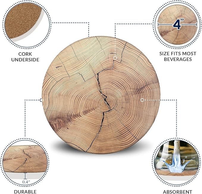 Emerson Coasters for Drinks Absorbent – Natural Stone Drink Coasters Set with Holder, Coasters for Coffee Table, Wooden Tabletop Protection Marble Style – 100% Heavy Duty Set of 6 (Wood)