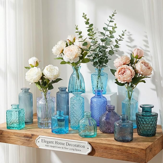Set of 15 Blue Colored Glass Bud Vases - Small Textured Flower Vases for Centerpieces, Wedding Table Decor, Retro Home Decor Bulk Vase Set for DIY, Events & Gifts