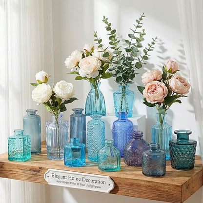 Set of 30 Blue Colored Glass Bud Vases - Small Textured Flower Vases for Centerpieces, Wedding Table Decor, Retro Home Decor Bulk Vase Set for DIY, Events & Gifts