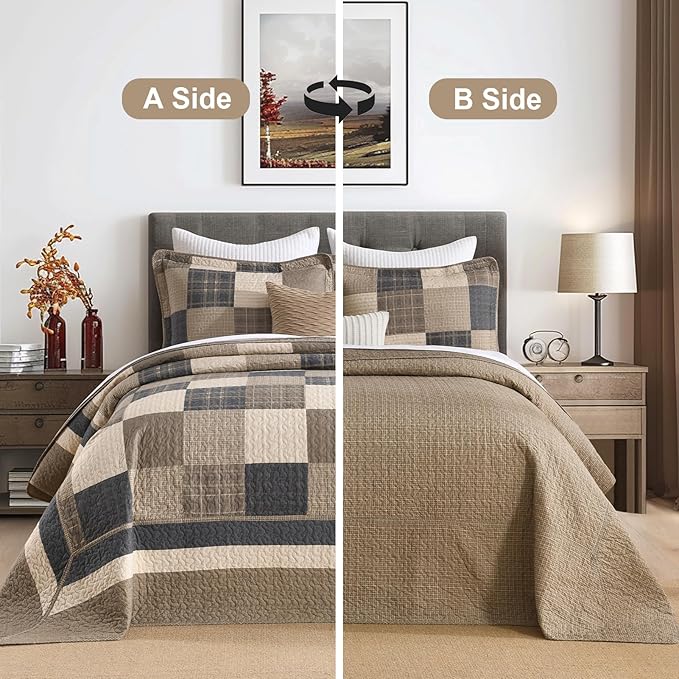 Finlonte 102"x120" Oversized Queen Bedspread - 100% Cotton Lightweight Quilted Bedspreads Coverlet Set, Farmhouse Plaid Bedding Reversible Oversized Queen Quilt with 2 Pillow Shams, Brown/Beige/Cream