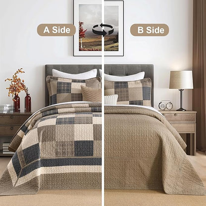 Finlonte 102"x120" Oversized Queen Bedspread - 100% Cotton Lightweight Quilted Bedspreads Coverlet Set, Farmhouse Plaid Bedding Reversible Oversized Queen Quilt with 2 Pillow Shams, Brown/Beige/Cream